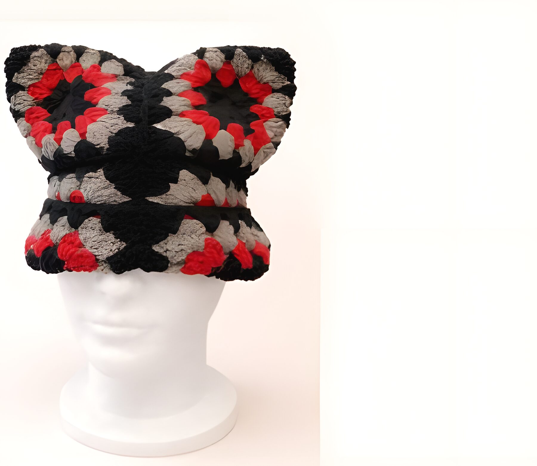 Bonnet Cat Ears — granny square noir, gris et rouge à oreilles félines