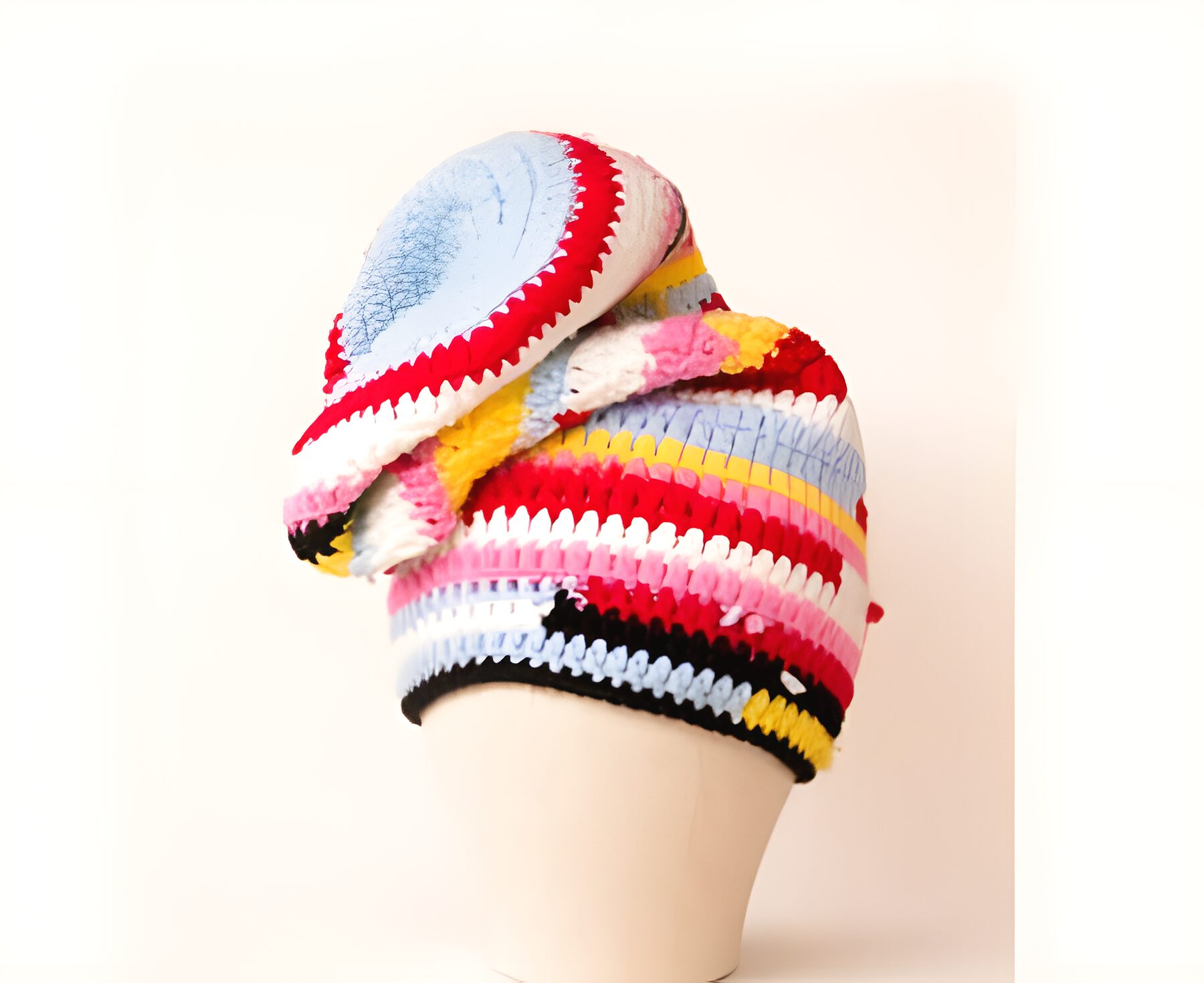Bonnet Loose long — spirale rayée multicolore, sur présentoir