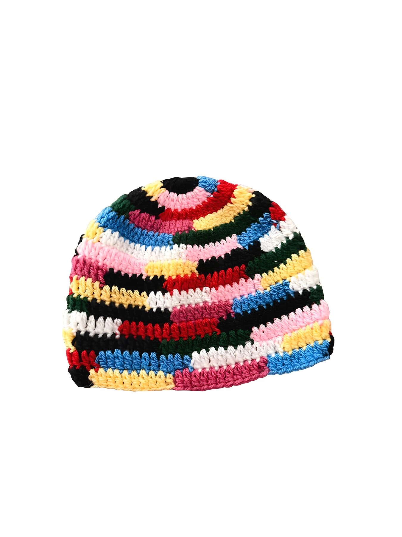 Bonnet Mosaic — patchwork multicolore en volume sur fond clair